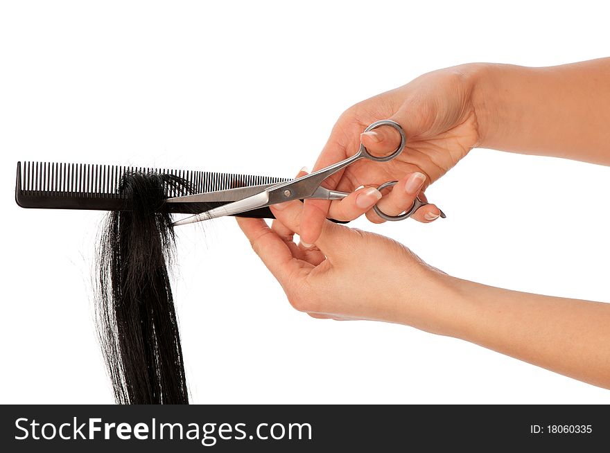 Hairdresser cutting young woman with long black hair. Hairdresser cutting young woman with long black hair