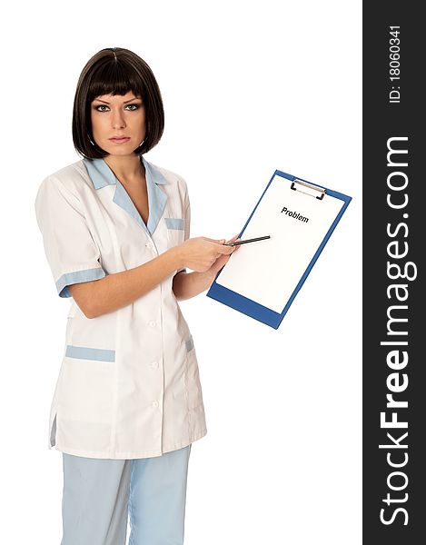 The doctor holding clipboard with list of problems in the hands. The doctor holding clipboard with list of problems in the hands