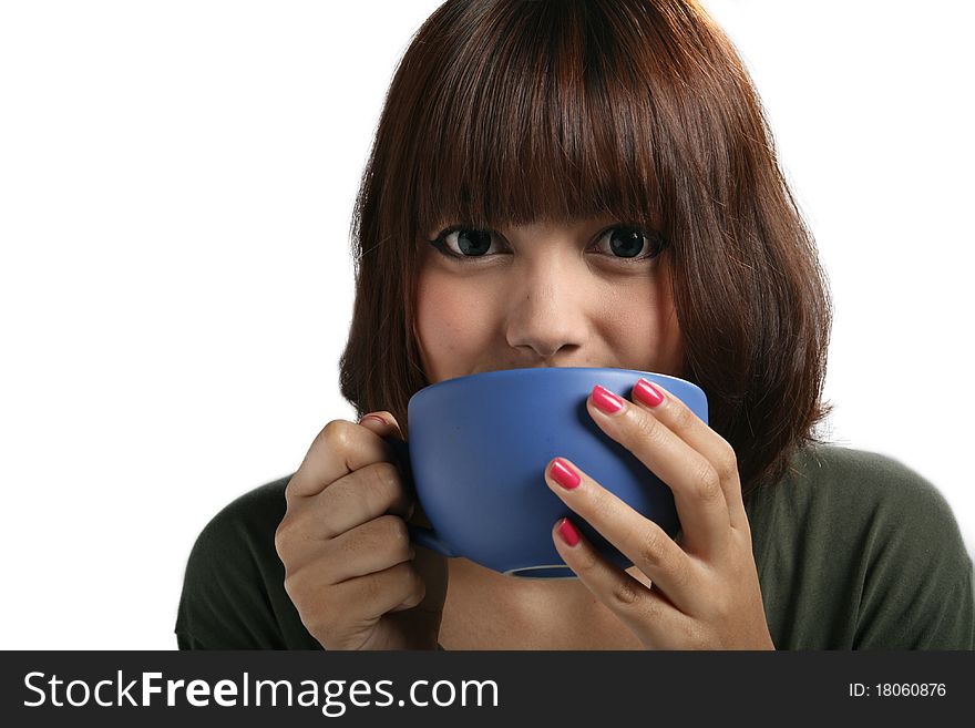 Portrait of pretty girl hold a cup. Portrait of pretty girl hold a cup