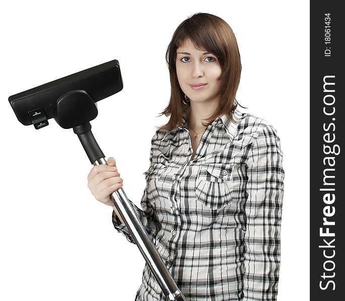 Girl with a vacuum cleaner on a white background