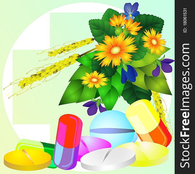 Useful drag plants with flowers and some pills and capsules. Useful drag plants with flowers and some pills and capsules