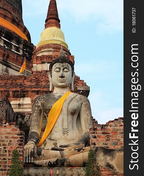 Buddha statue on the ruin of Wat Yaichaimongkol, Ayutthaya, Thailand