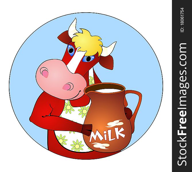 Smiling cow holding brown jar with milk. Smiling cow holding brown jar with milk