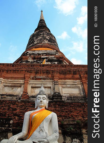 Buddha Statue with Thai ancient city background, Wat Yaichaimongkol, Ayutthaya, Thailand