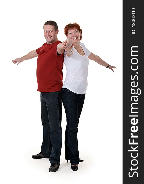 Couple in the pose of a monument on a white background