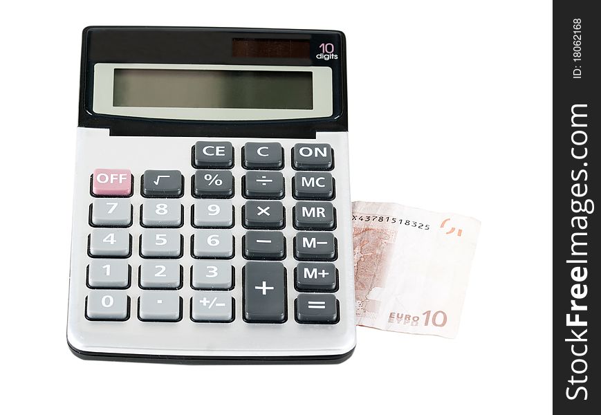 Electronic calculator, and note 10 euros on a white background