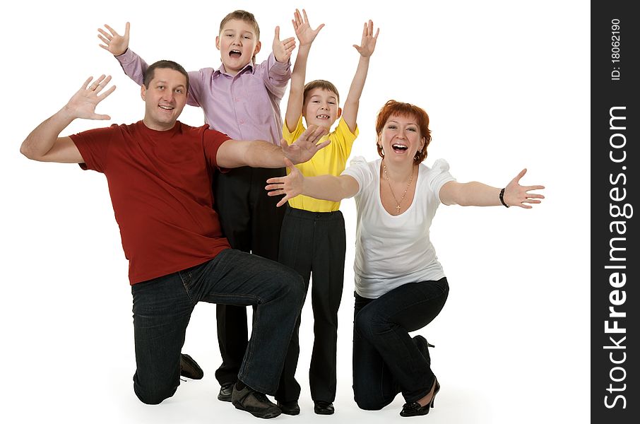 Family of four is rejoicing on a white background