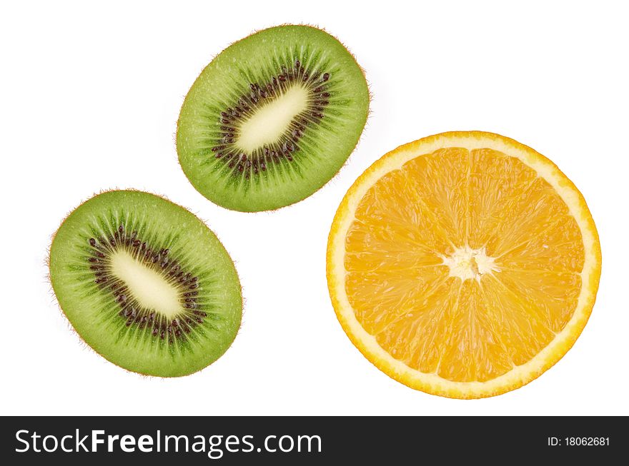 Orange and kiwi on white. Orange and kiwi on white