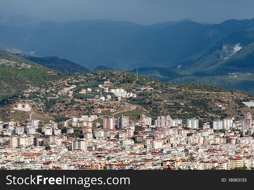 View of the city Alanya in Turkey against the backdrop of the mountains