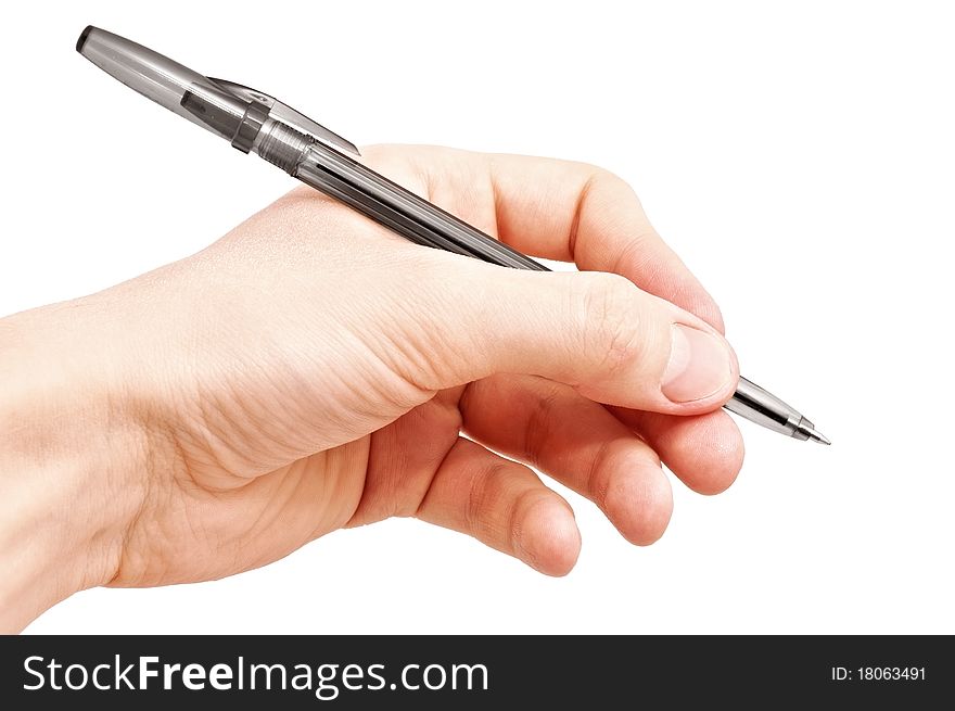 Arm holding pen. Isolated on white background