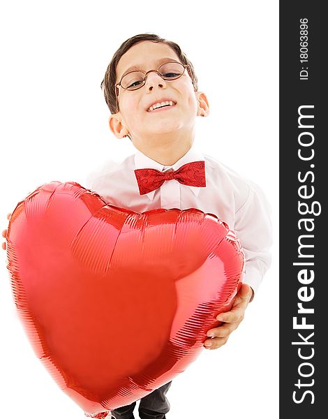 Boy with red balloon isolated on white