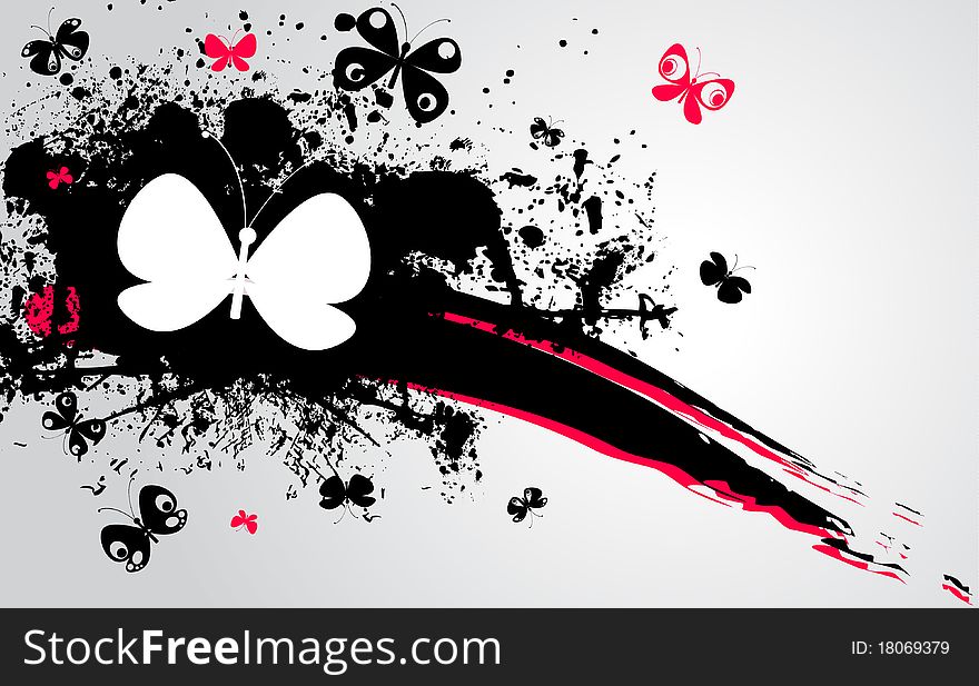 Illustration with black, pink stain and butterflies