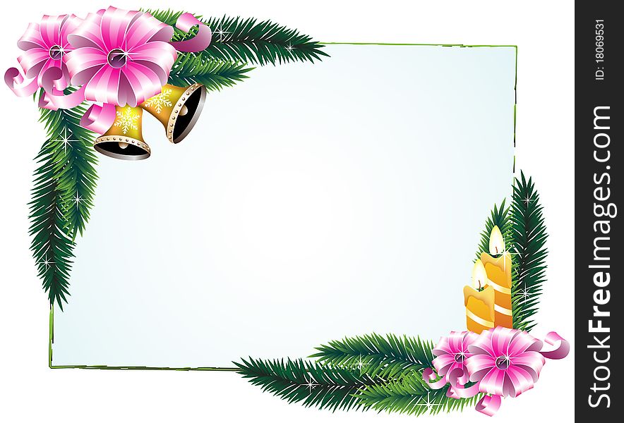 Bouquets of pine branches, candles and ribbons. Festive frame. Bouquets of pine branches, candles and ribbons. Festive frame.
