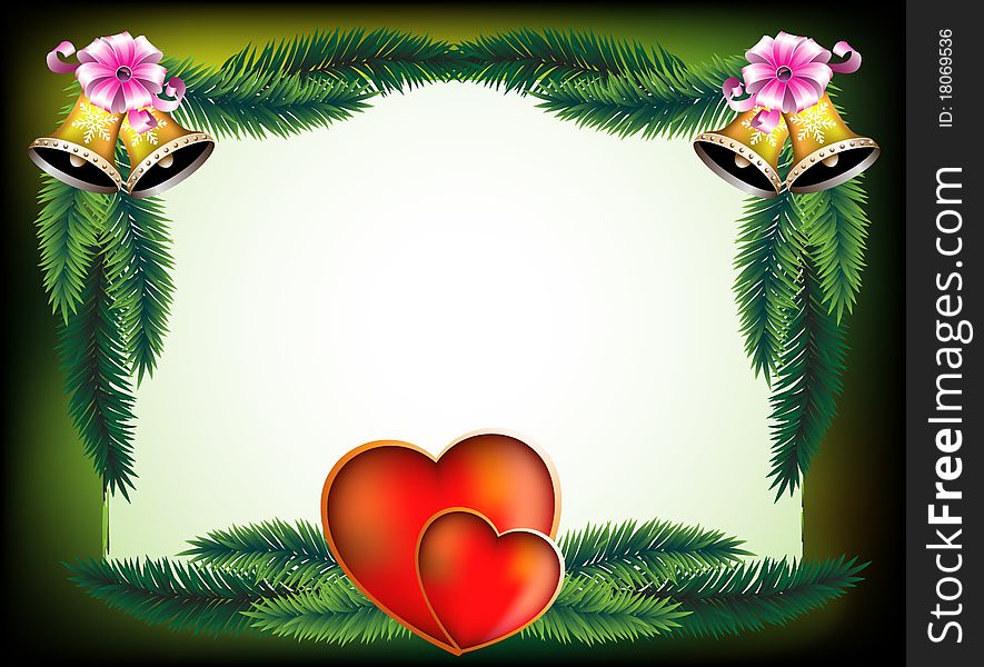 Hearts, bells and bows on the background of pine branches. Hearts, bells and bows on the background of pine branches