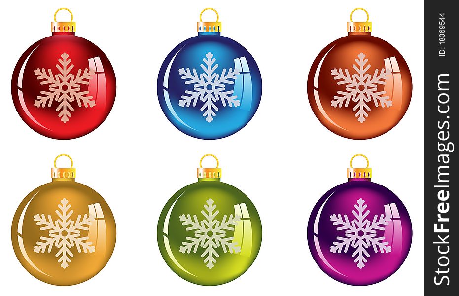 Bright Christmas balls with snowflake. Isolated on white. Bright Christmas balls with snowflake. Isolated on white