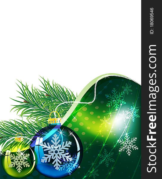 Sprigs of fir and glass Christmas balls on an abstract background. Sprigs of fir and glass Christmas balls on an abstract background