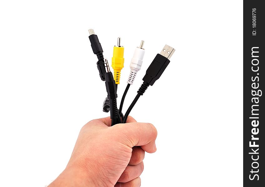 Computer wire in his hand on a white background