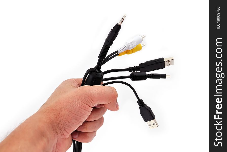Computer wire in his hand on a white background