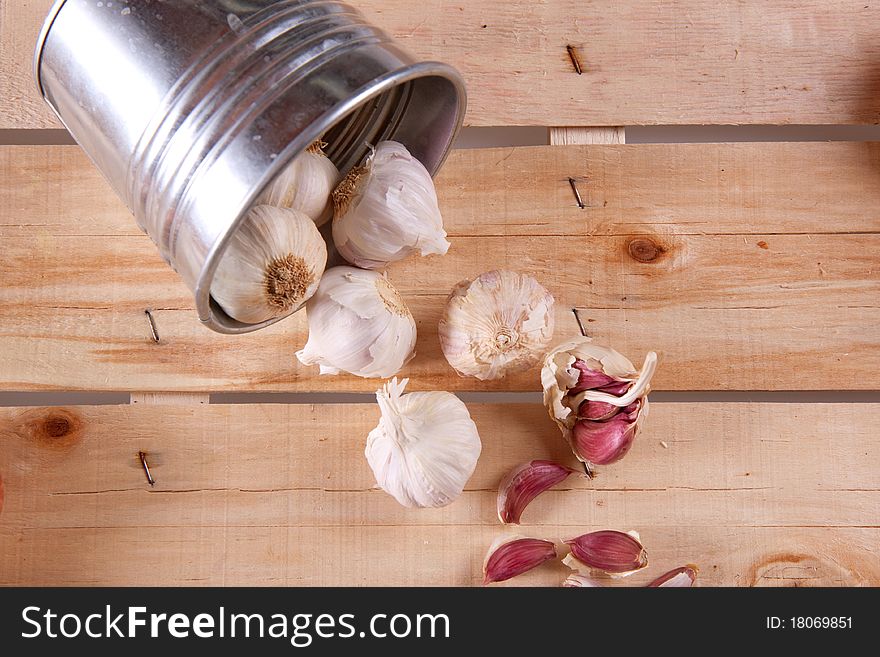 Garlics on wood