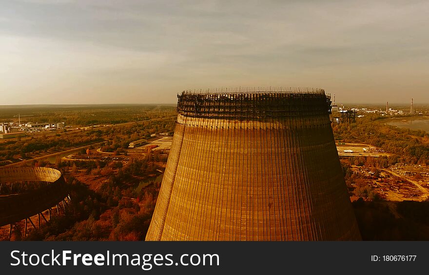 Chernobyl`s Cooling Towers, Aerial View, Beautiful Landscape