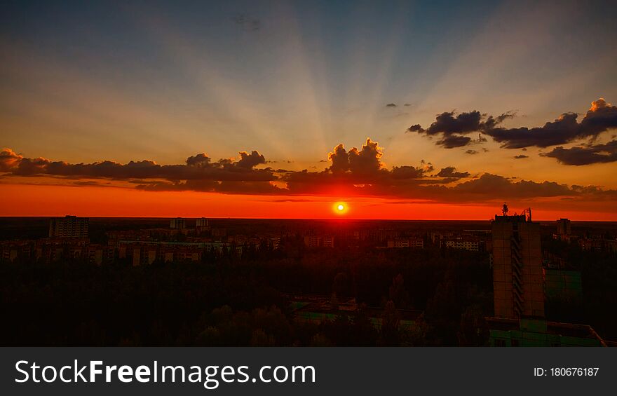 Sunset Over Pripyat, Chernobyl, Aerial View