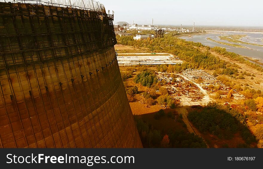 Chernobyl`s Cooling Towers, Aerial View, Beautiful Landscape