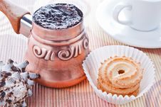 Turkish Coffee In Copper Coffee Pot And Cookies Stock Photos