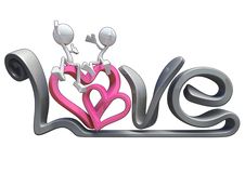 3D Characters Hugging On The Word Love. Stock Photo