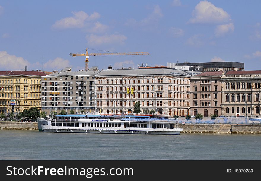 Cruise ship from above in Danube at Budapest. Cruise ship from above in Danube at Budapest.