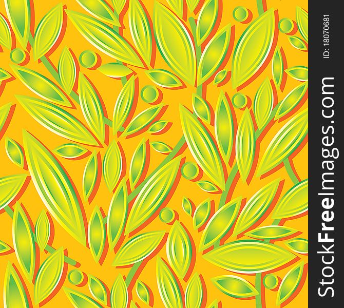 Abstract composition of the green leaves of the orange background, sample. Abstract composition of the green leaves of the orange background, sample