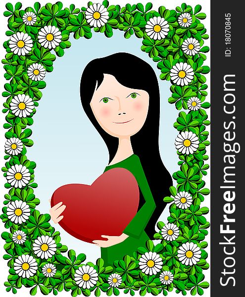 Beautiful girl with a red heart, color illustrations