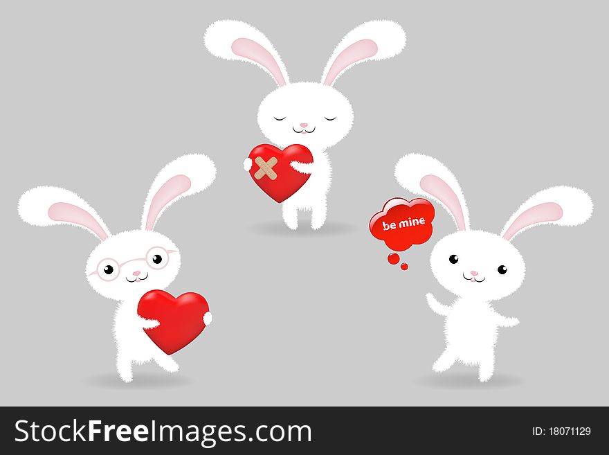3 Rabbits With Hearts, Valentines Day Greeting Card, Vector Illustration. 3 Rabbits With Hearts, Valentines Day Greeting Card, Vector Illustration
