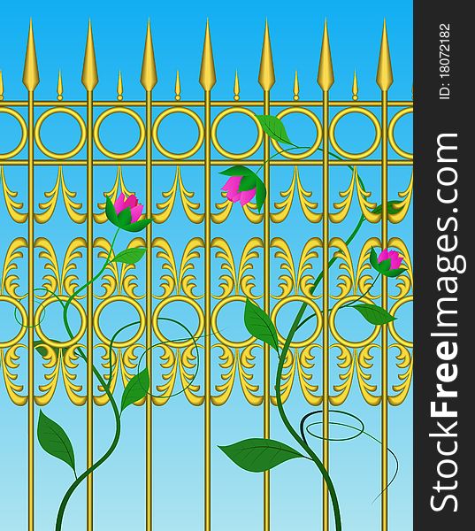 Wrought iron fence and rose are shown in the picture. Wrought iron fence and rose are shown in the picture.