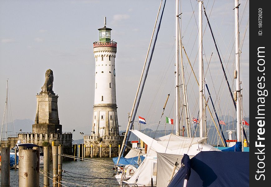 The harbour of Lindau, a island in the lake of constance with the beacon an the bavarian lion.