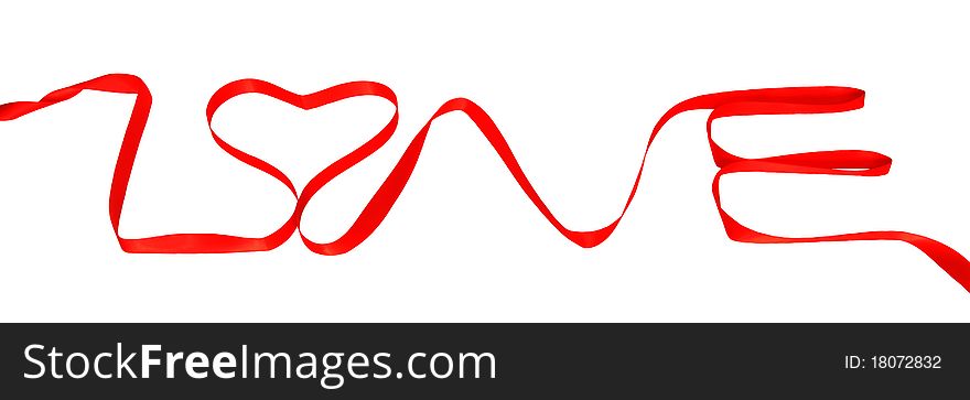 Word love made of red ribbon isolated on white