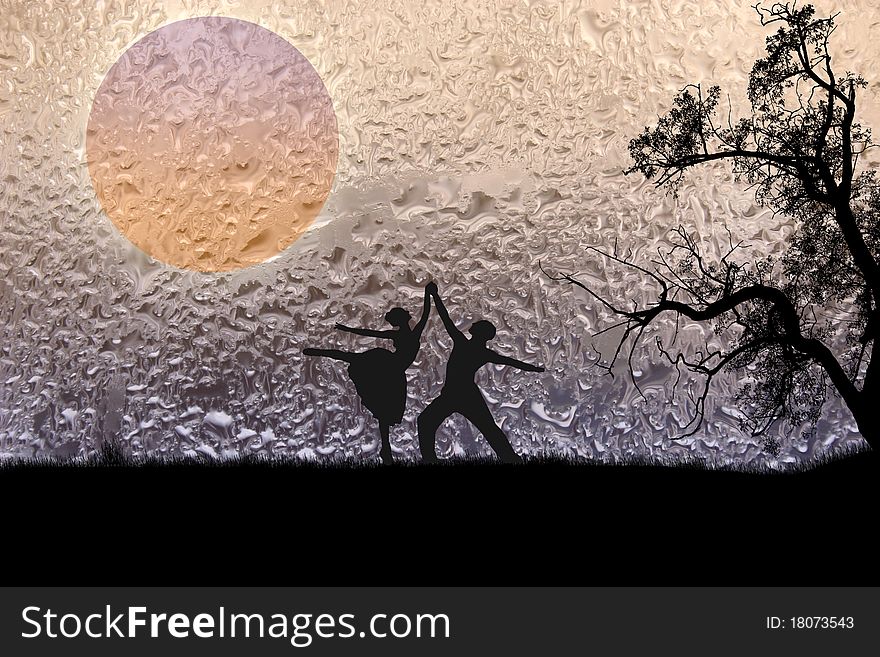 Couple dancing on sunset landscape, on water drops texture background. Couple dancing on sunset landscape, on water drops texture background