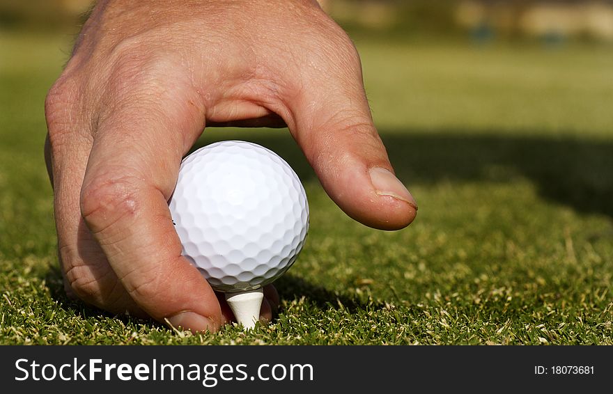 A close up of a man's hand placing a golf ball on a tee. A close up of a man's hand placing a golf ball on a tee