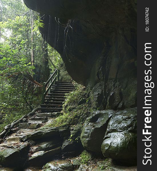 Timber stairs leading down to a damp rocky cave. Timber stairs leading down to a damp rocky cave