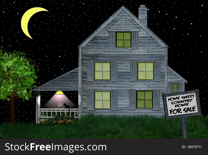 Old peaceful country home with a starry night and a for sale sign in the front yard. Old peaceful country home with a starry night and a for sale sign in the front yard.