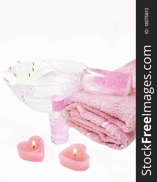 Spa candles towel essences and white lily. Spa candles towel essences and white lily