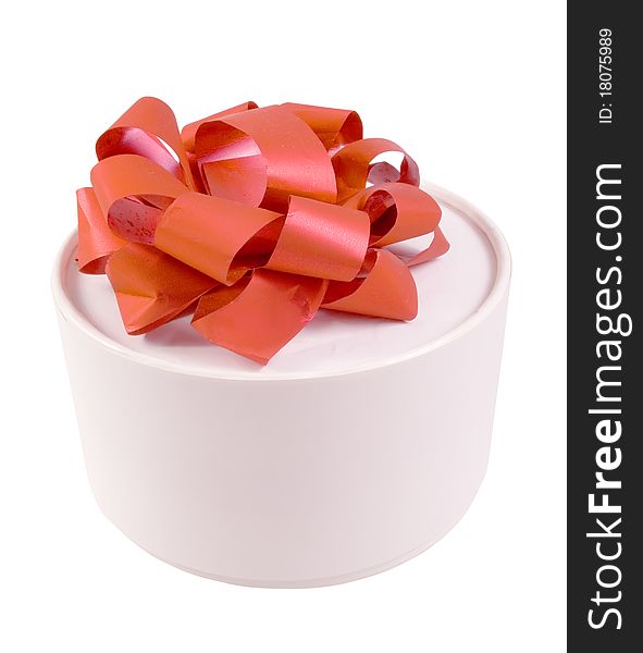 Round white gift box with a red bow