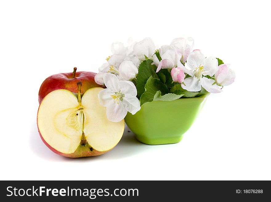 Ripe Red Apples And Apple-tree Blossoms