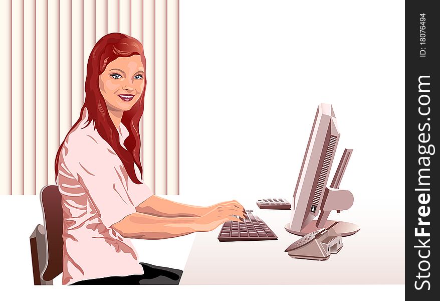 The girl behind the computer.She is a businesswoman and works in the office.Additionally, a vector EPS format