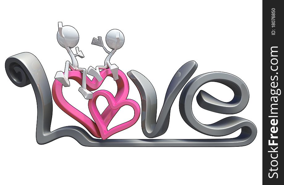 3D characters hugging on the word love.