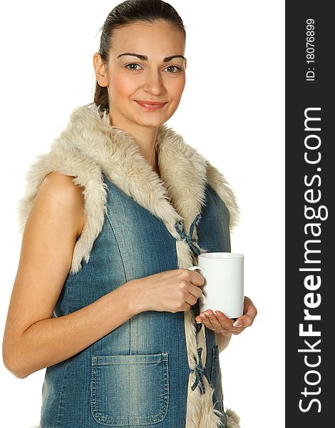 Female In Denim Holding White Cup