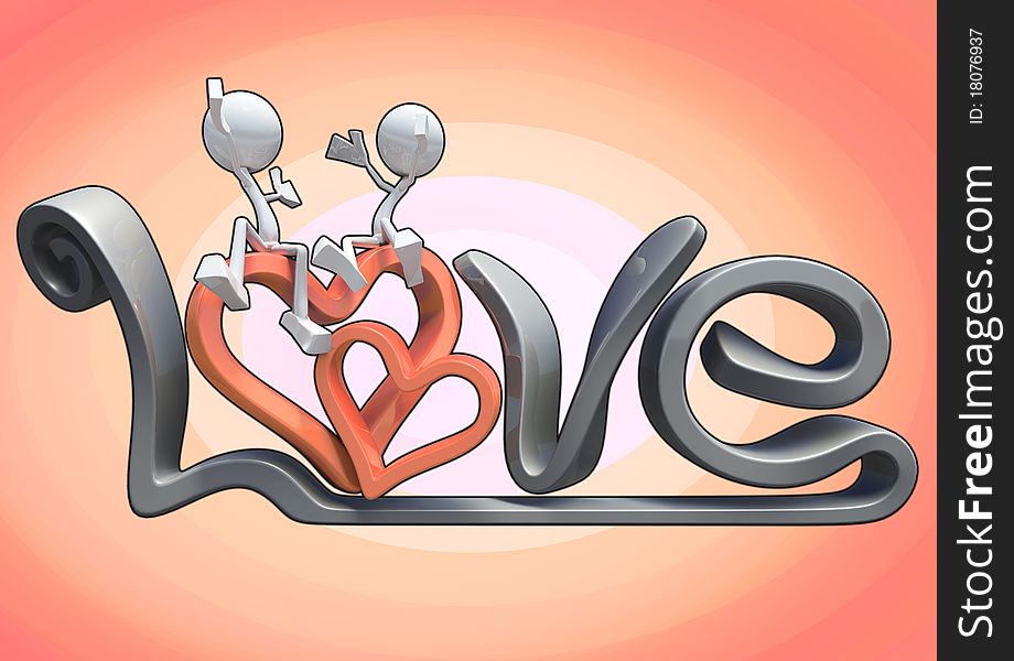 Characters hugging on the word of love, made in 3D software, isolated on white background. Characters hugging on the word of love, made in 3D software, isolated on white background.