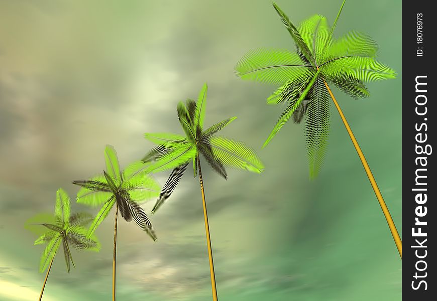 Palm trees standing in a row against the cloudy sky. 3d computer modeling