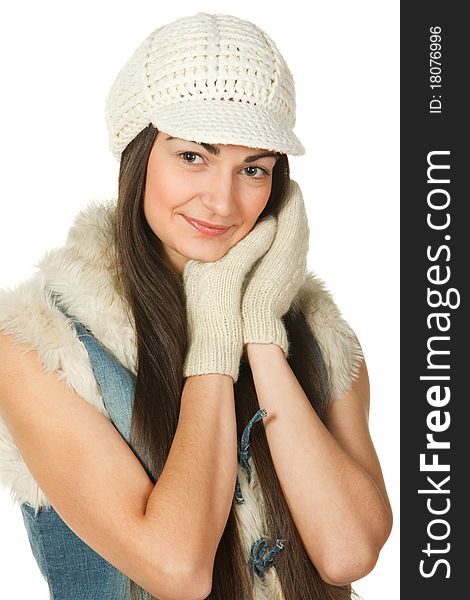 Portrait of young female in the knitted cap