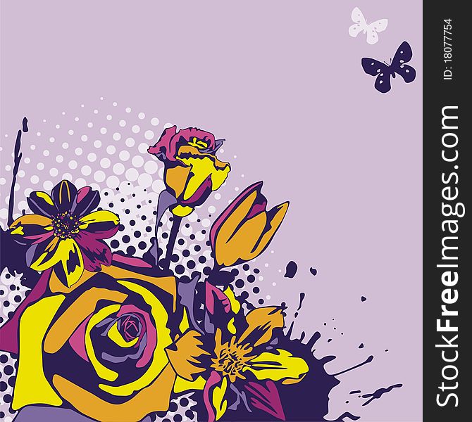 Postcard with beautiful flowers on violet background. Vector illustration. Postcard with beautiful flowers on violet background. Vector illustration