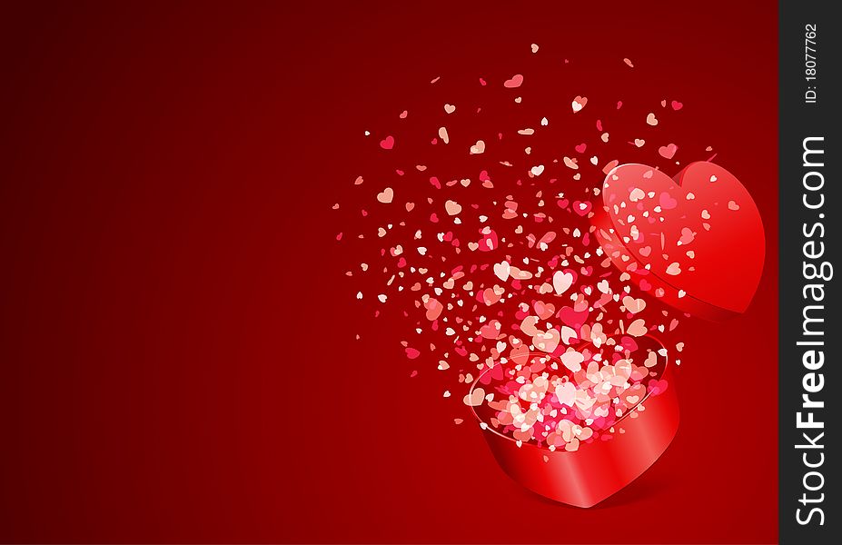 Open gift present box with fly hearts Valentine's day background
